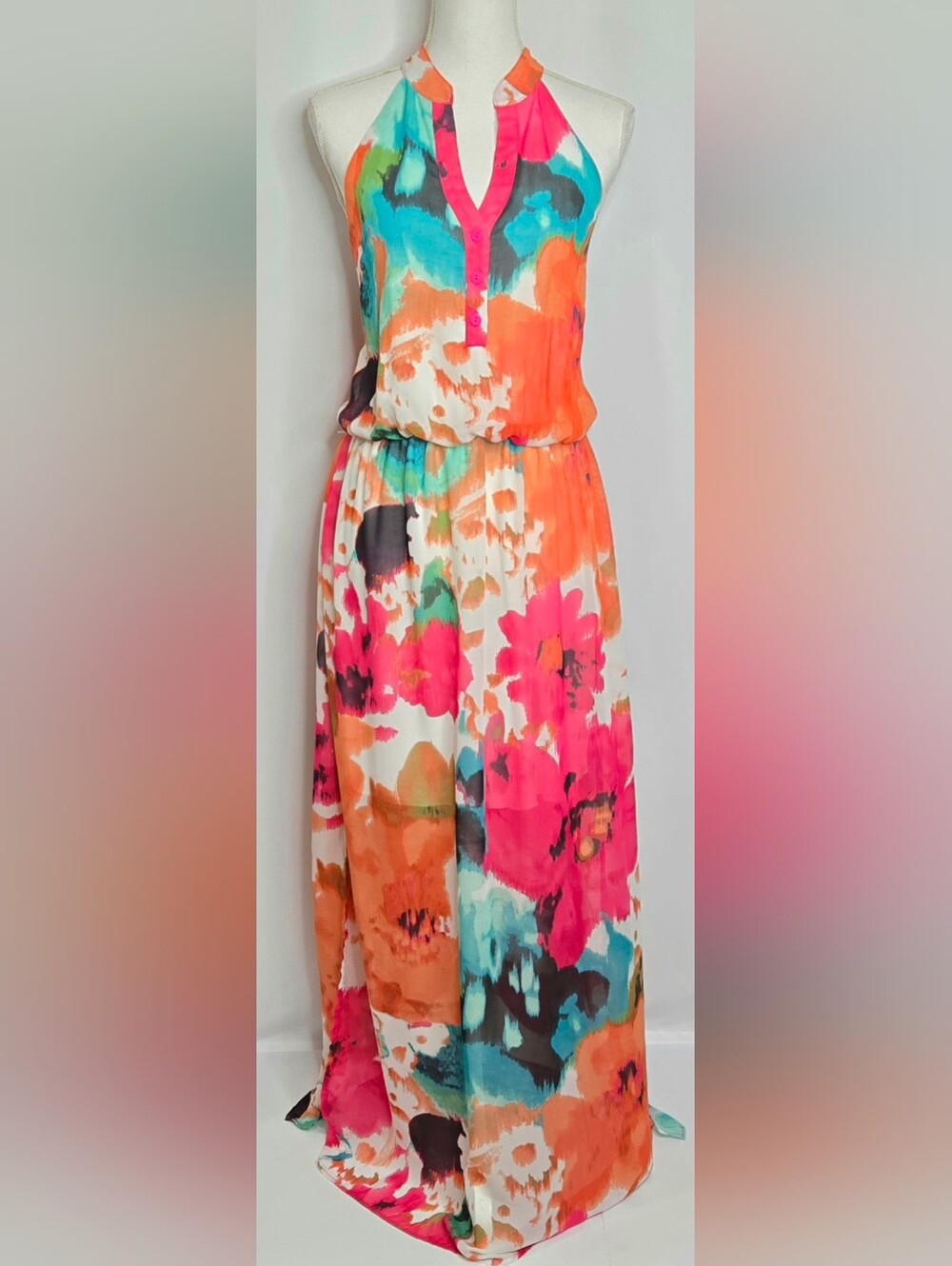 Bisou Bisou  Watercolor Floral Halter Maxi Wedding Guest/Resort Dress NWOT 14